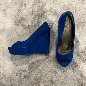 Shi by Journey Blue Faux Suede Platform Open-Toe Heels | Size 6.5